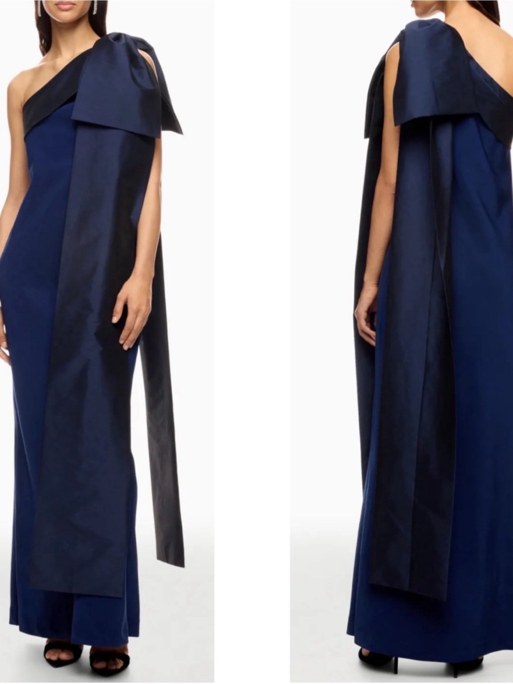 BERNADETTE Adrian One Shoulder Draped Bow Taffeta Navy Maxi Dress NWT